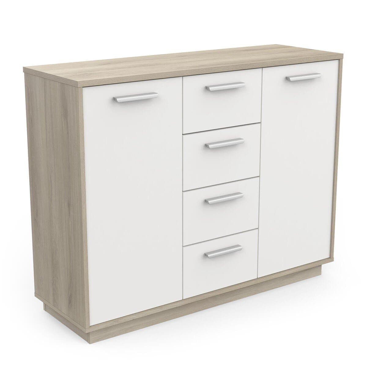 Buffet 2 portes 4 tiroirs, décor bois et blanc L113 cm - Léo - Calicosy
