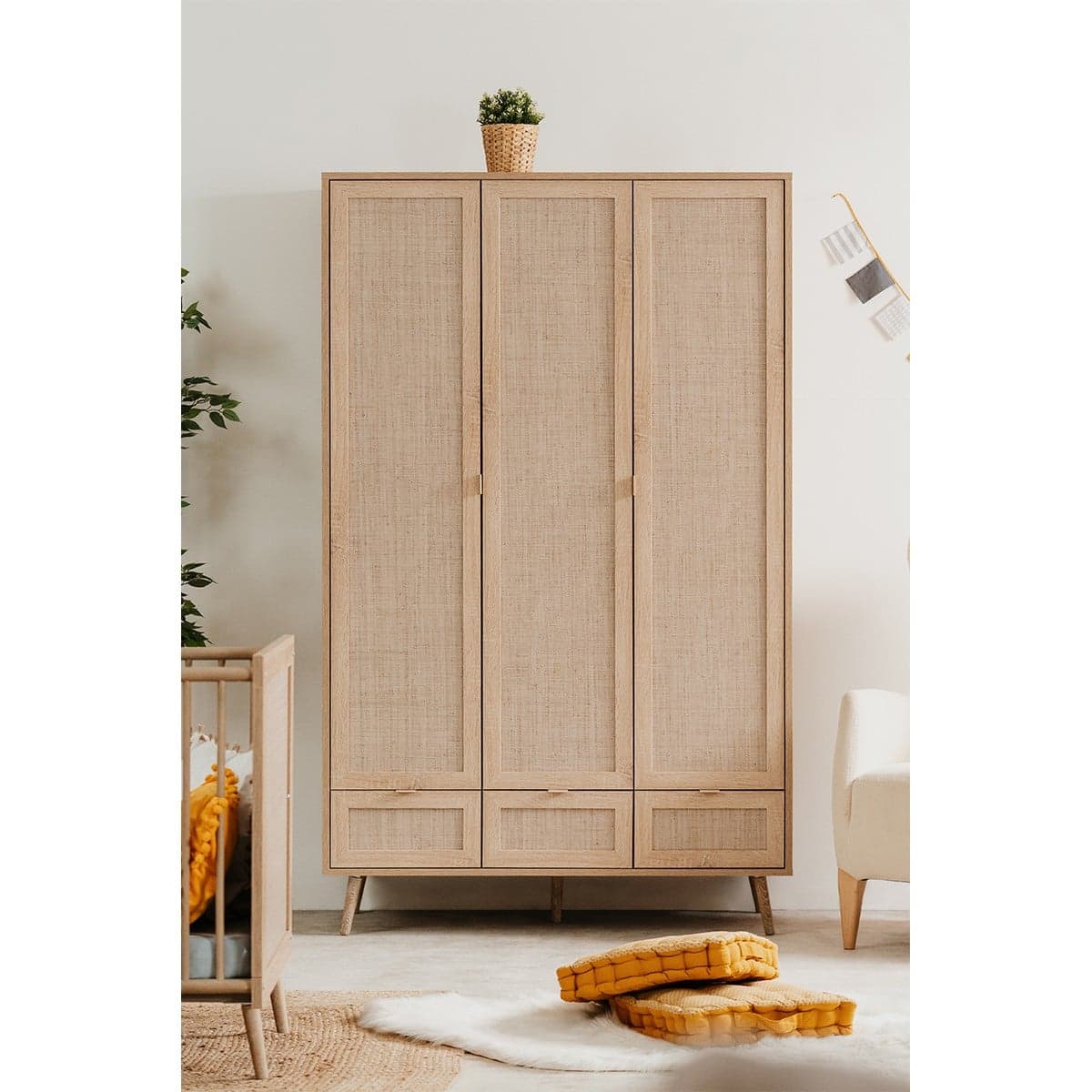 Armoire 3 Portes 3 Tiroirs et 2 Penderies L120 cm - Impression Rotin - BALI - Calicosy