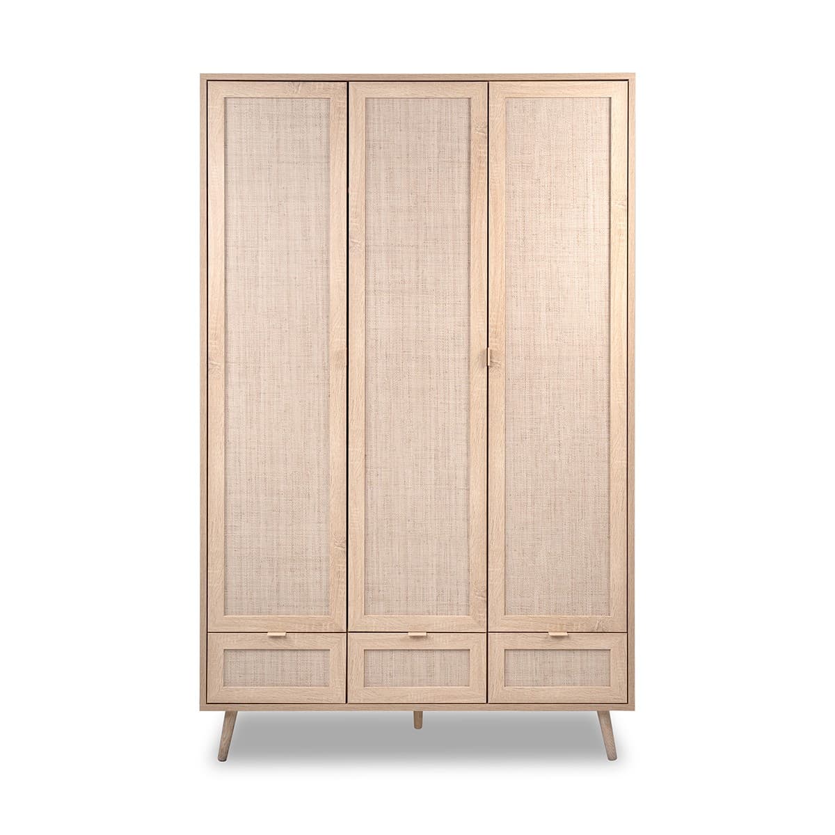 Armoire 3 Portes 3 Tiroirs et 2 Penderies L120 cm - Impression Rotin - BALI - Panneaux de particules - Calicosy