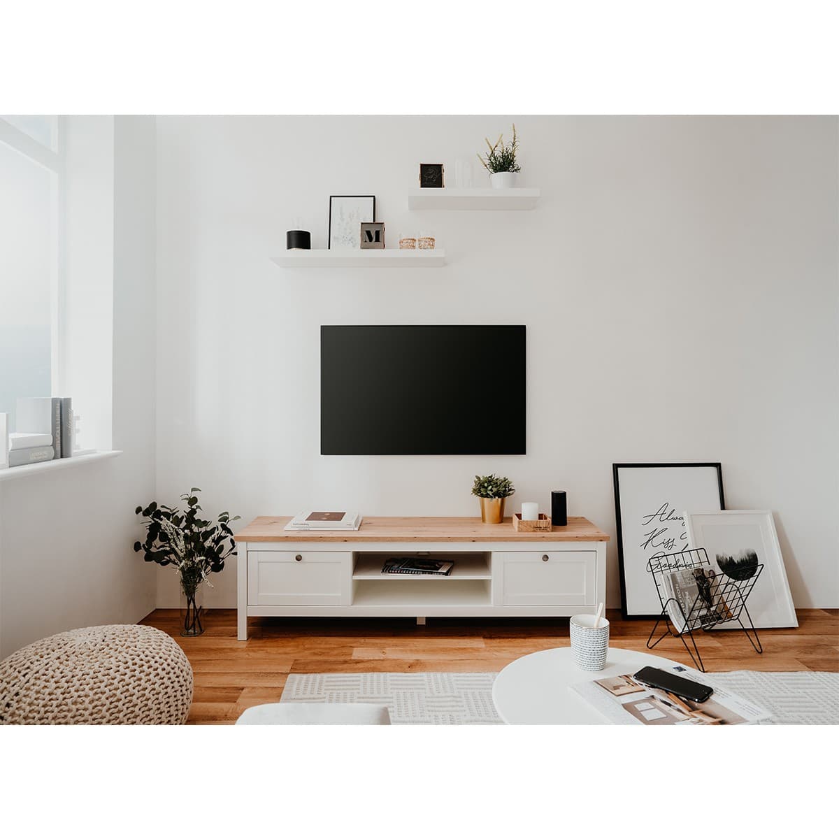 Meuble TV 2 tiroirs L160 cm - Décor Blanc - BERGEN - Calicosy