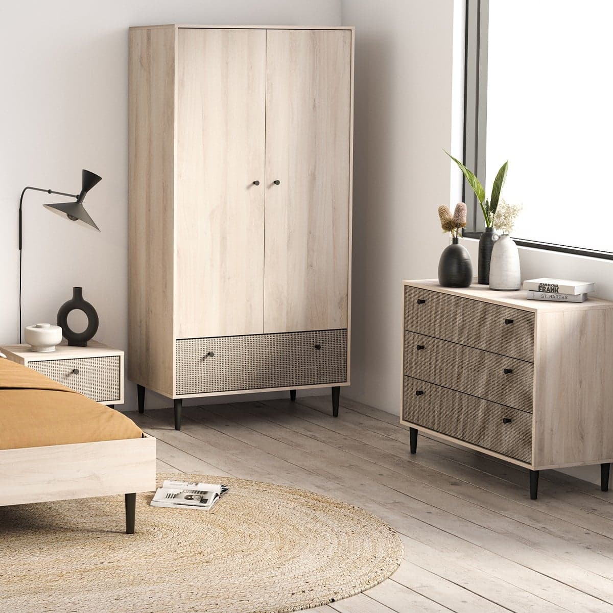 Armoire 2 portes et 1 tiroir dĂ©cor chĂȘne kronberg, impression rotin et noir mat SaĂŻgon - H181,1 cm - Calicosy