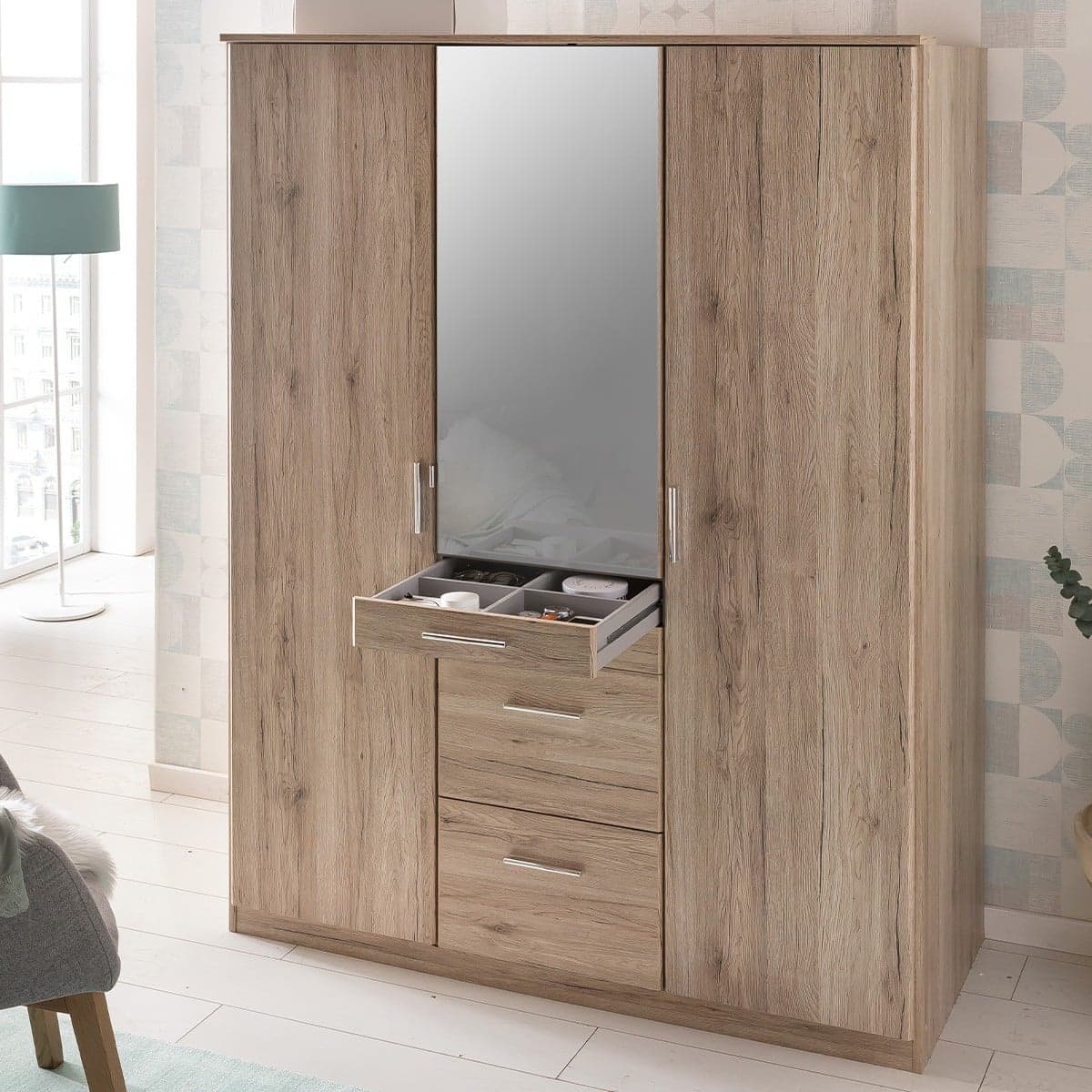 Armoire 3 portes dont 1 miroir, 4 tiroirs - L135 cm - Calicosy