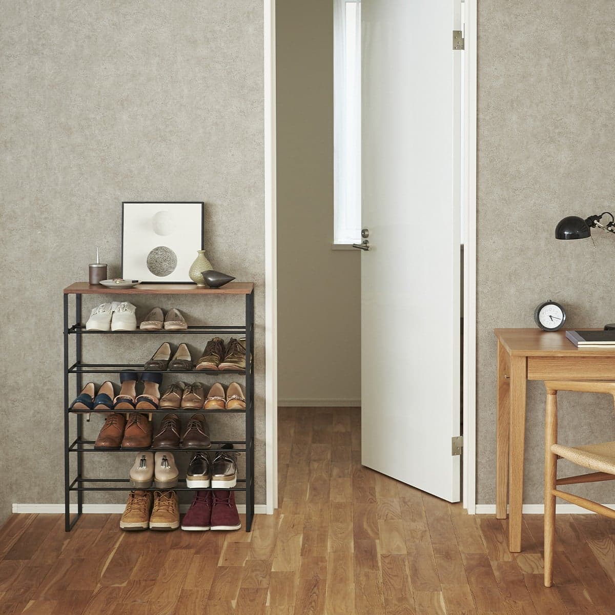 Etagère à Chaussures 5 Niveaux Bois et Métal Noir Tower - L66 cm - Calicosy