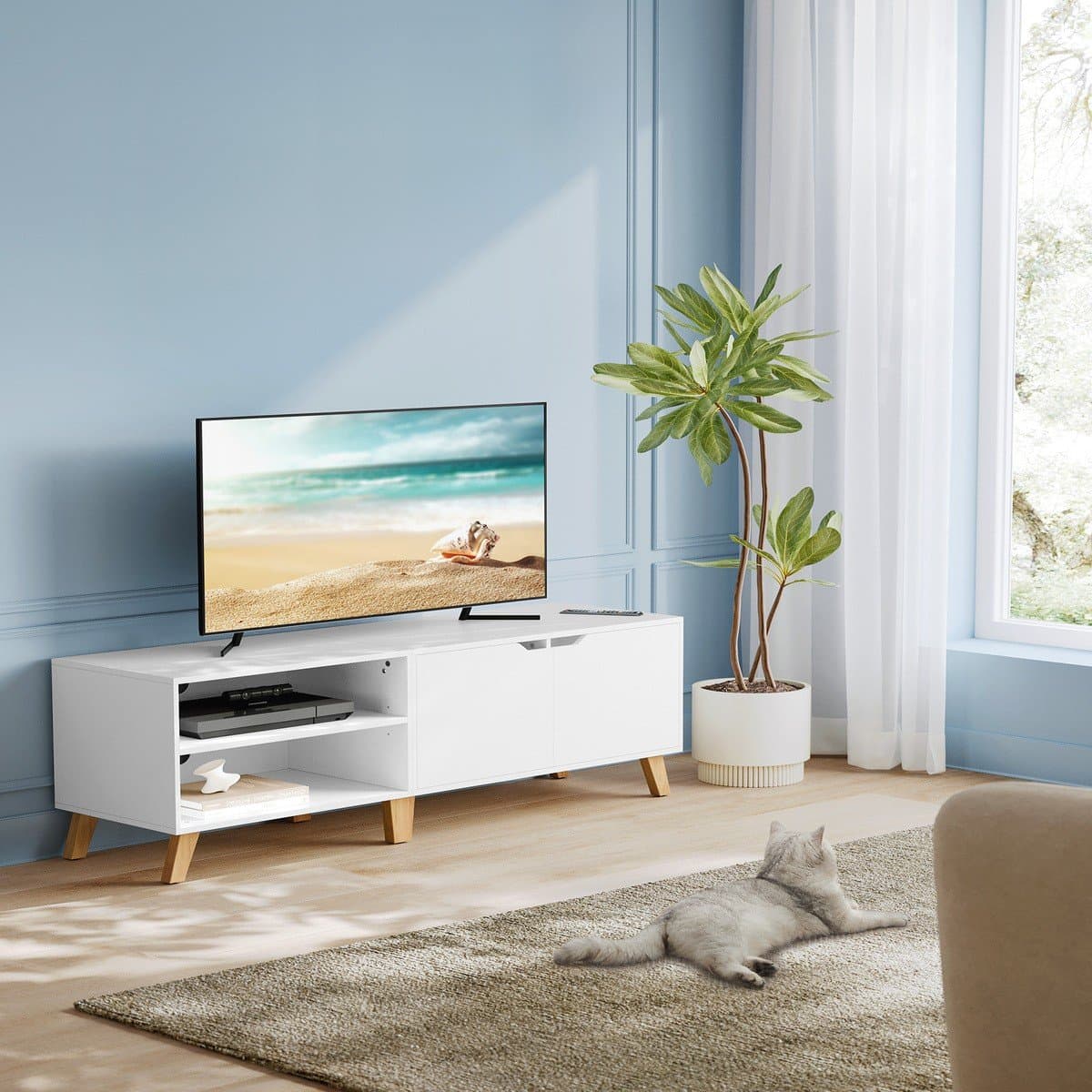 Meuble TV 2 niches et 2 portes blanc - L140 cm - Calicosy
