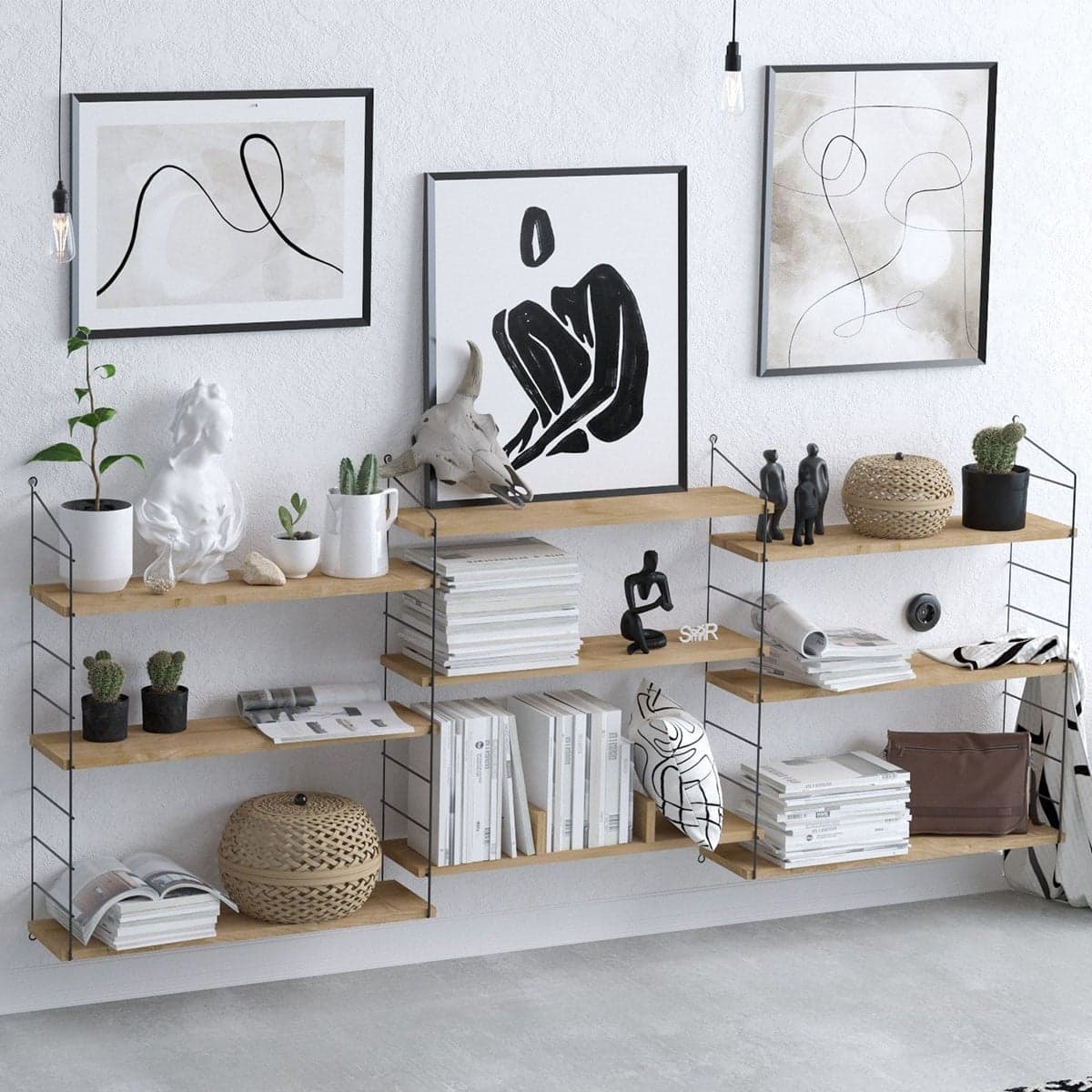 Etagère murale suspendue 9 tablettes décor chêne L216 cm - Laba - Calicosy