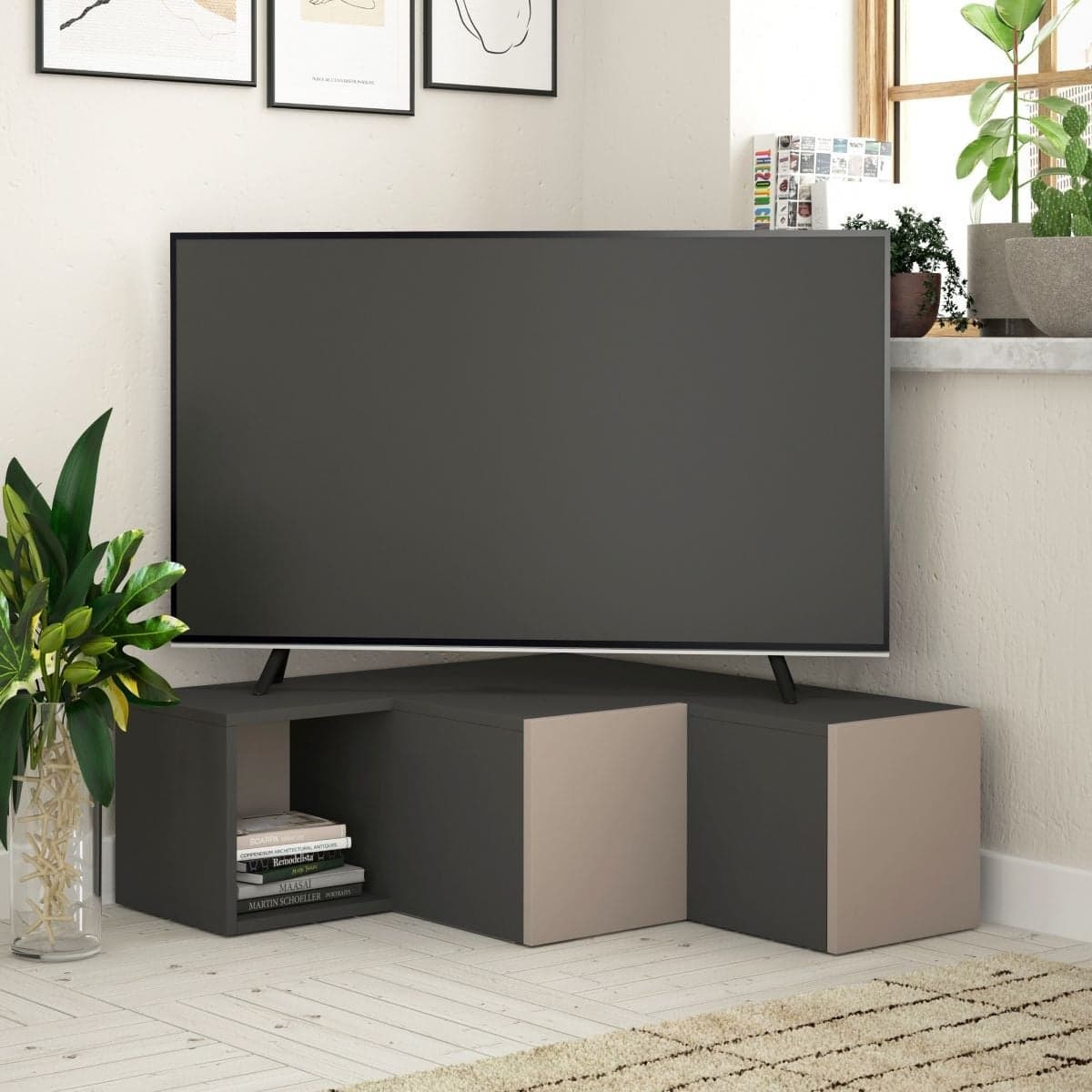 Meuble TV d'angle 2 tiroirs et 1 niche L90 cm - Compact - Calicosy