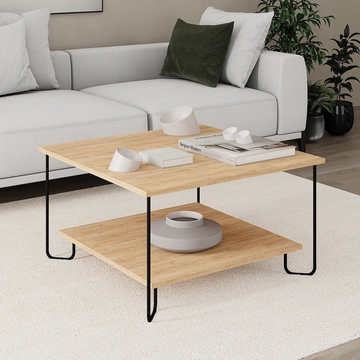 Table basse carrée avec pieds en métal L80 cm - TONKA - Calicosy