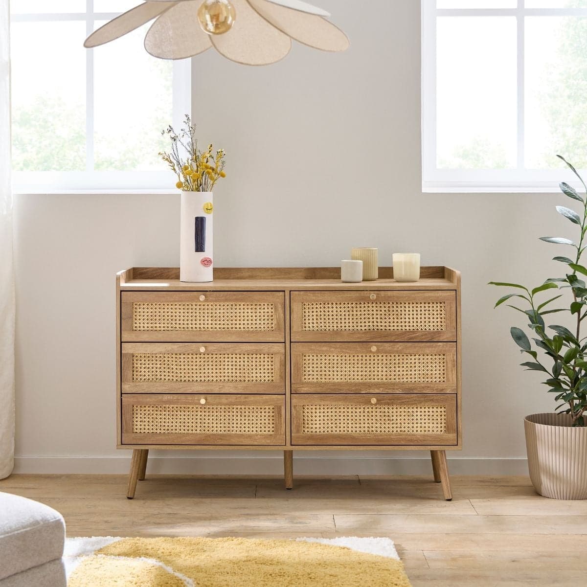 Commode 6 tiroirs avec façades en rotin naturel L120 cm PALMO - Calicosy