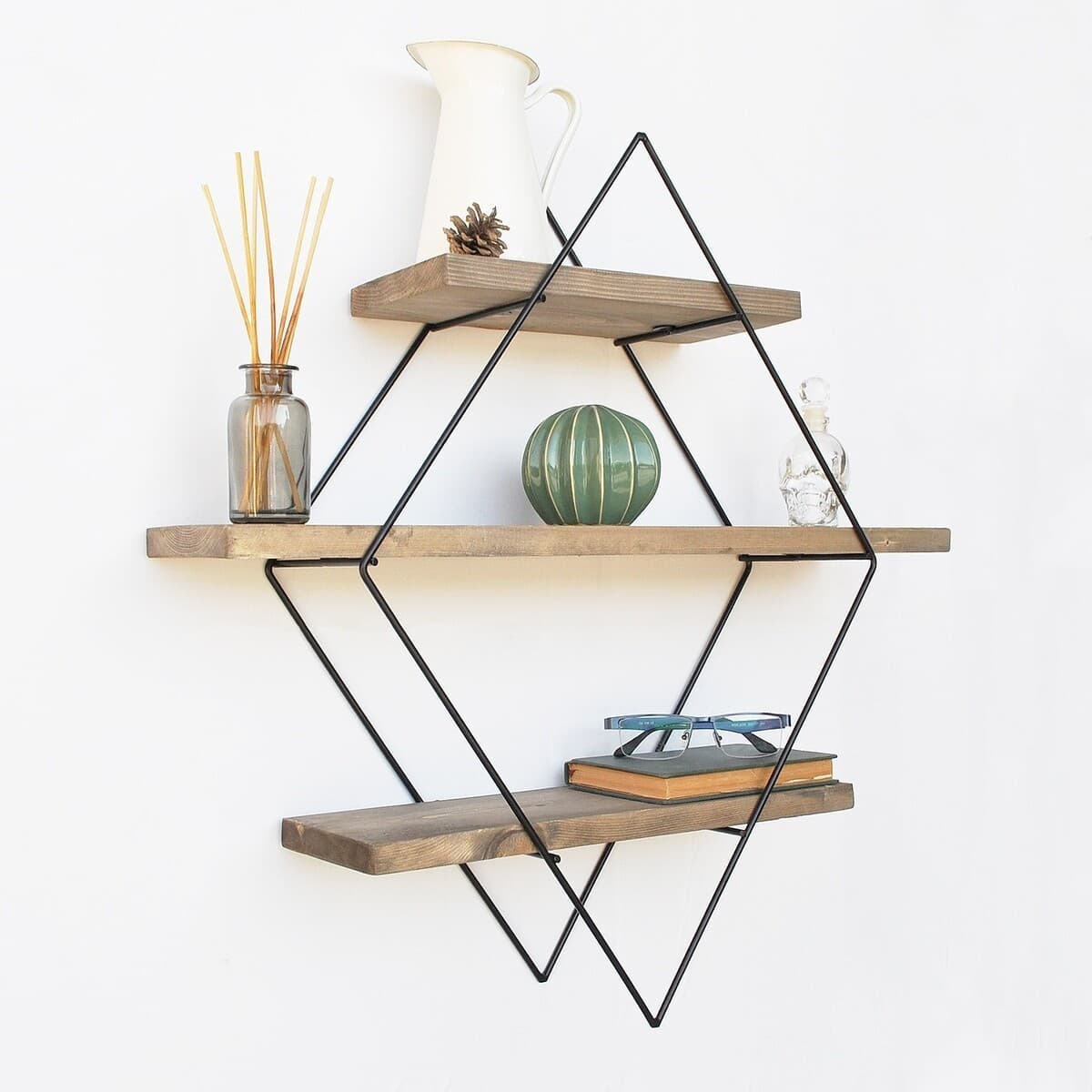 Etagère murale losange en métal noir et bois massif L60 cm - Calicosy