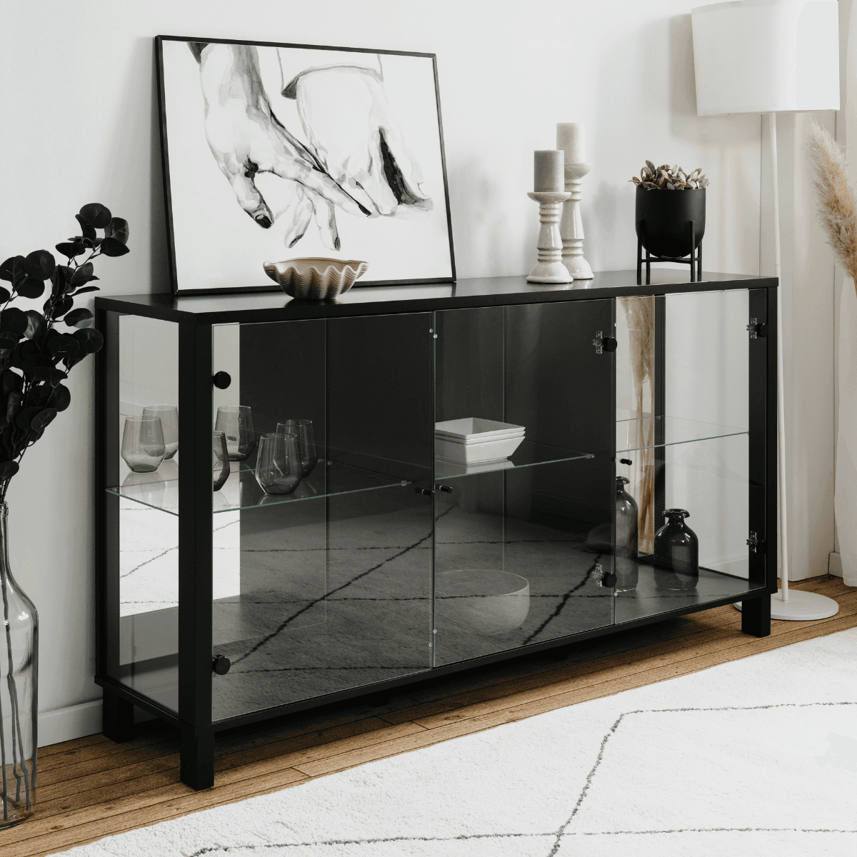 Buffet 3 portes vitrées et 3 étagÚres en verre L160cm - ALBI - Calicosy