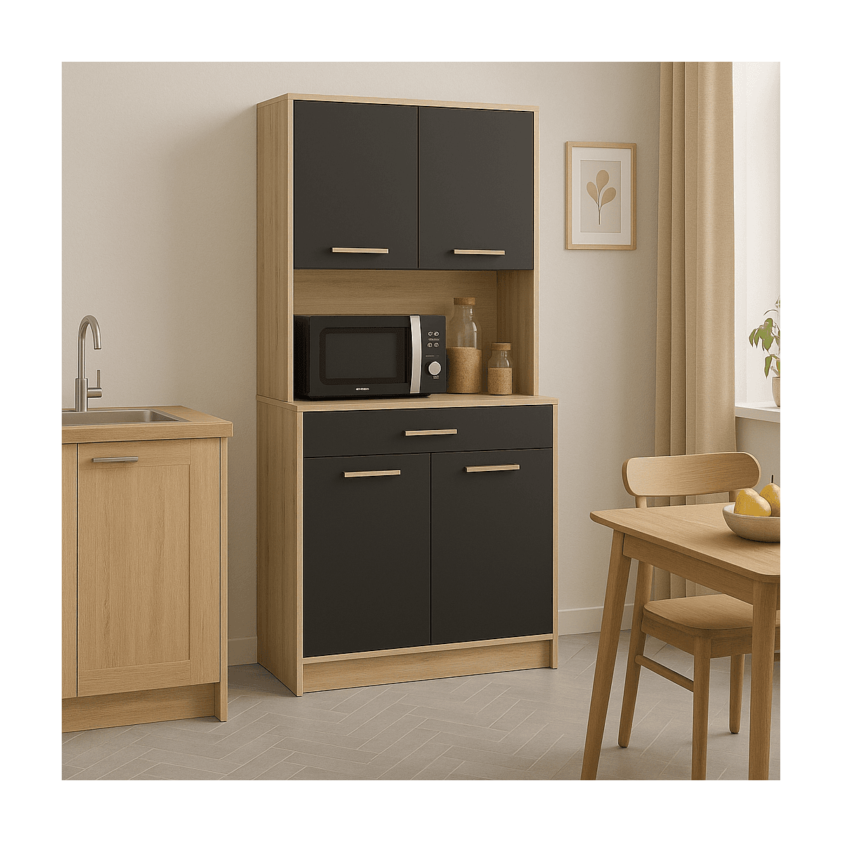 Buffet Haut 4 Portes 1 Tiroir, DĂ©cor ChĂȘne et Noir - L83 x H176 cm - Dolce - Calicosy