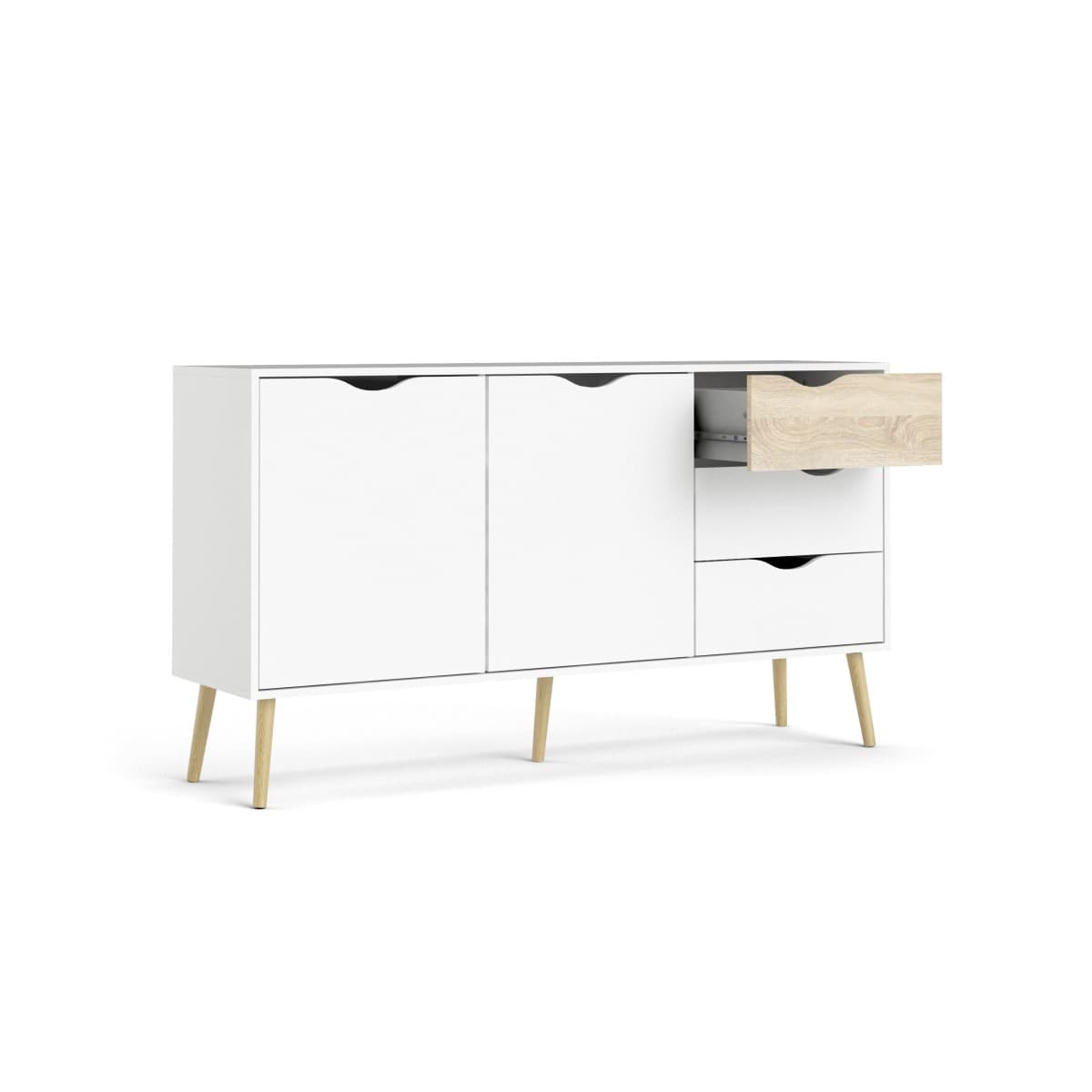 Buffet 2 portes, 3 tiroirs blanc et dĂ©cor chĂȘne L147,2 cm - BILLUND - Calicosy