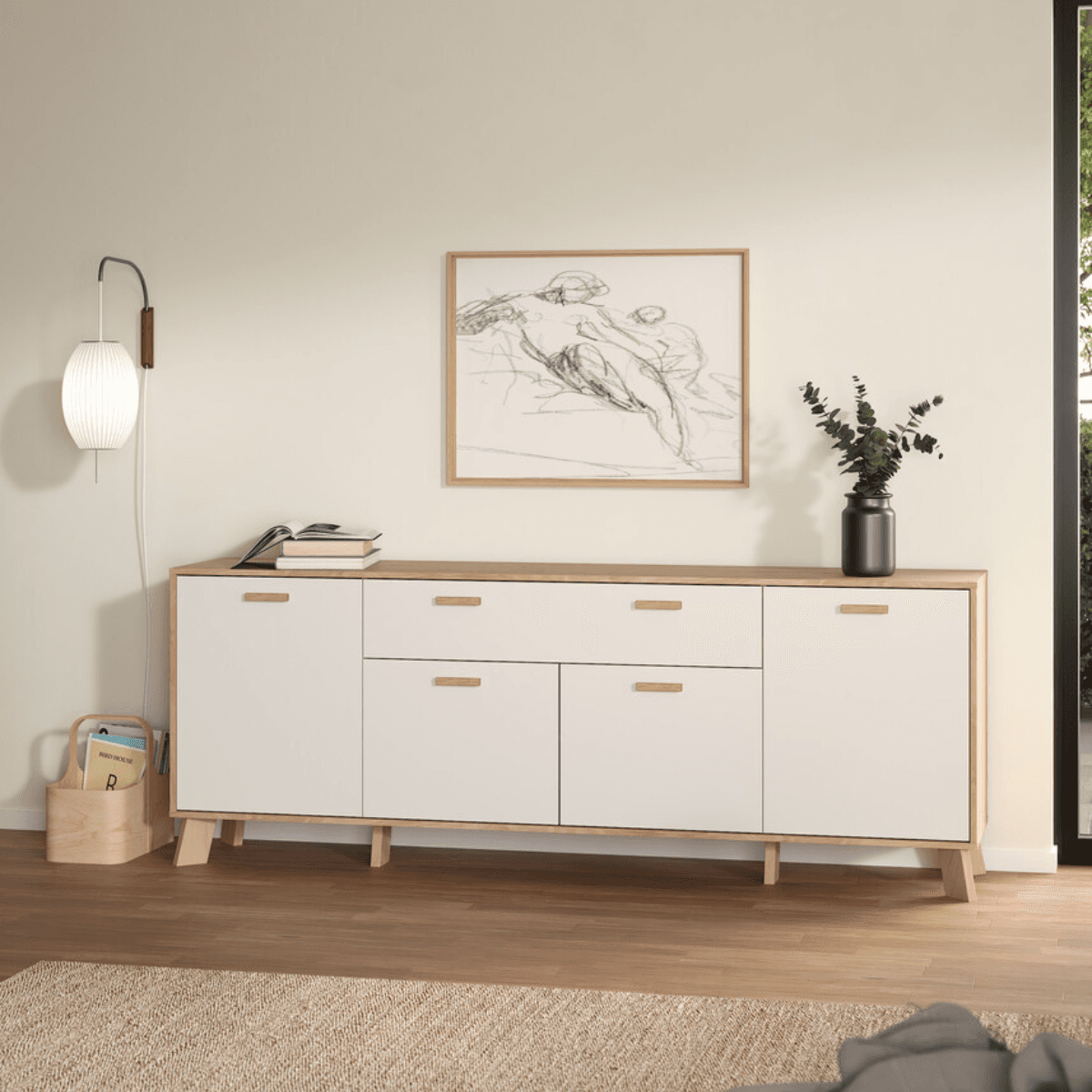 Buffet 4 portes, 1 tiroirs décor chêne et blanc L198 cm - STORM - Calicosy
