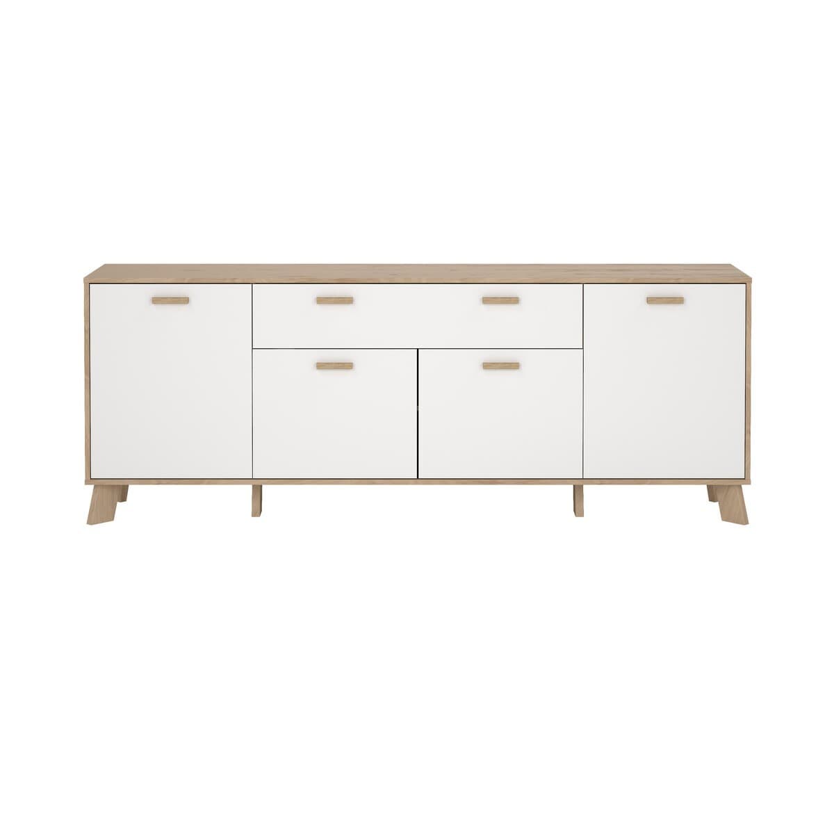 Buffet 4 portes, 1 tiroirs décor chêne et blanc L198 cm - STORM - Panneaux de particules - Calicosy