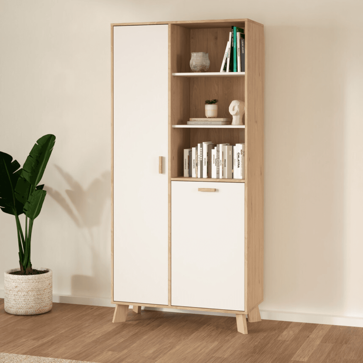 Vitrine 2 portes, 3 niches décor chêne et blanc H188 cm - STORM - Calicosy