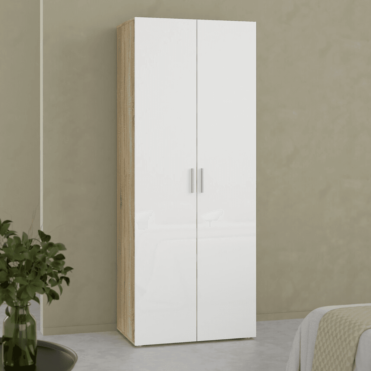 Armoire 2 portes décor chêne et blanc brillant H201 cm - LANA - Calicosy