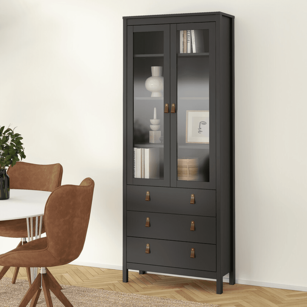 Vitrine 2 portes vitrées encadrées et 3 tiroirs H199 cm - BARCELONE - Calicosy