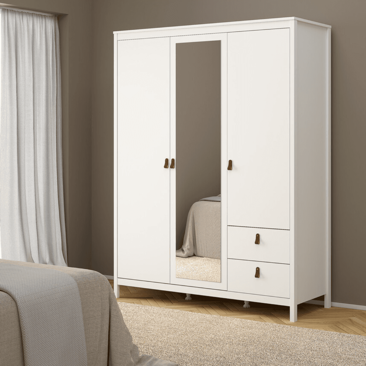 Armoire 3 portes dont 1 miroir et 2 tiroirs blanc L150 cm - BARCELONE - Calicosy