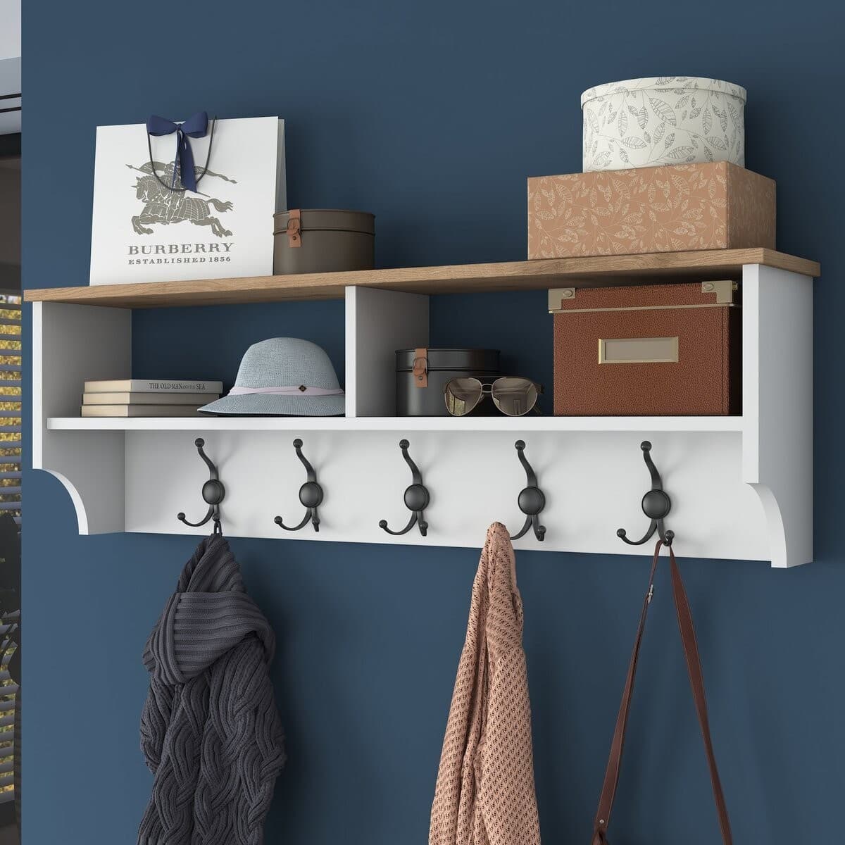 Porte manteau 2 niches et 5 patères L120 cm - BROOKE - Calicosy