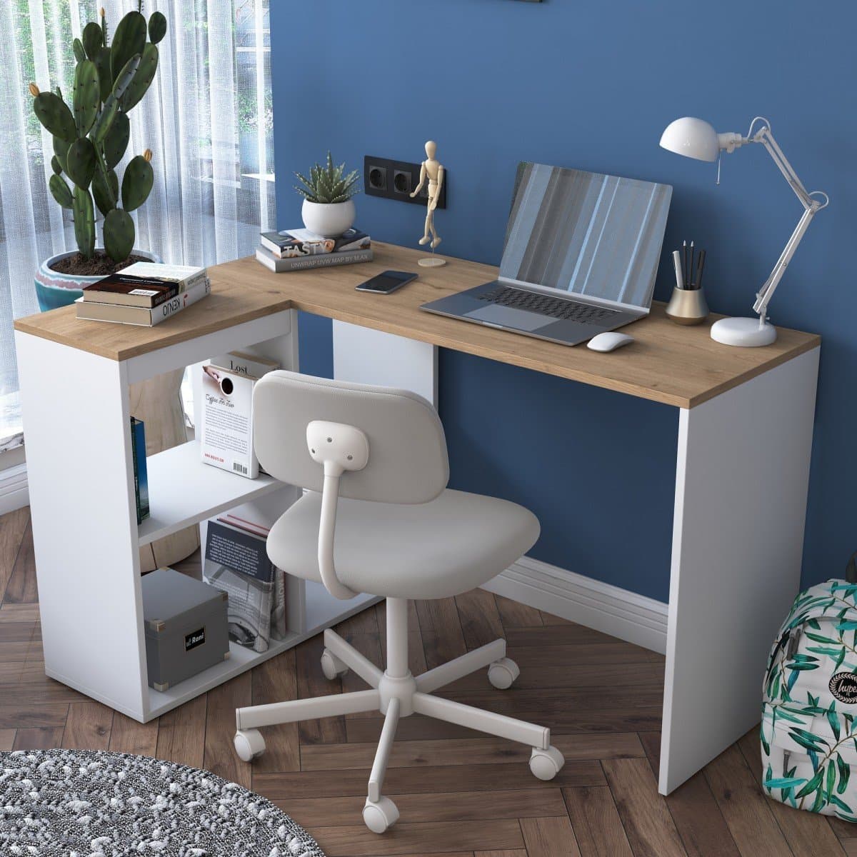 Bureau d'angle décor chêne et blanc L120 cm - CASSIE - Calicosy