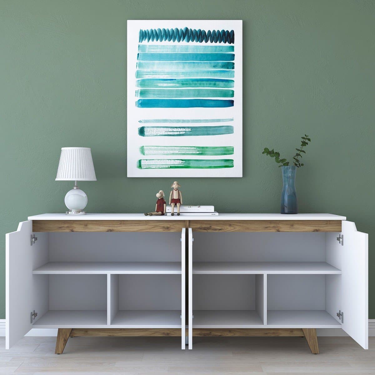 Buffet 4 portes décor blanc et noyer L180 cm - BRIDGET - Calicosy