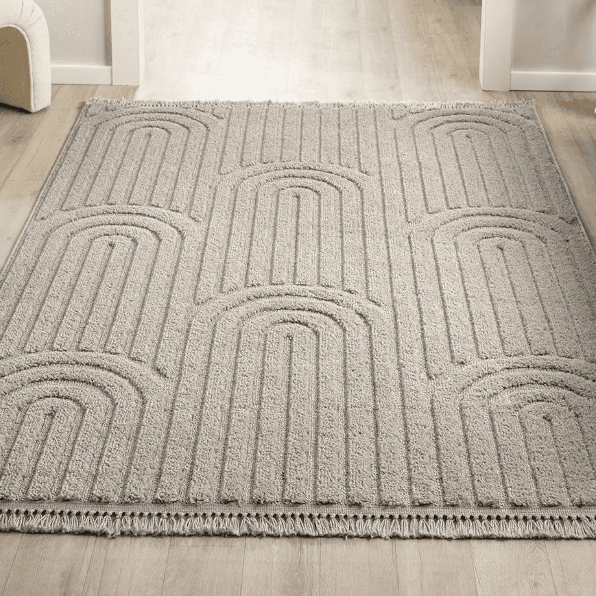 Tapis rectangulaire beige Ă motifs abstraits avec franges - JANEIRO - Calicosy