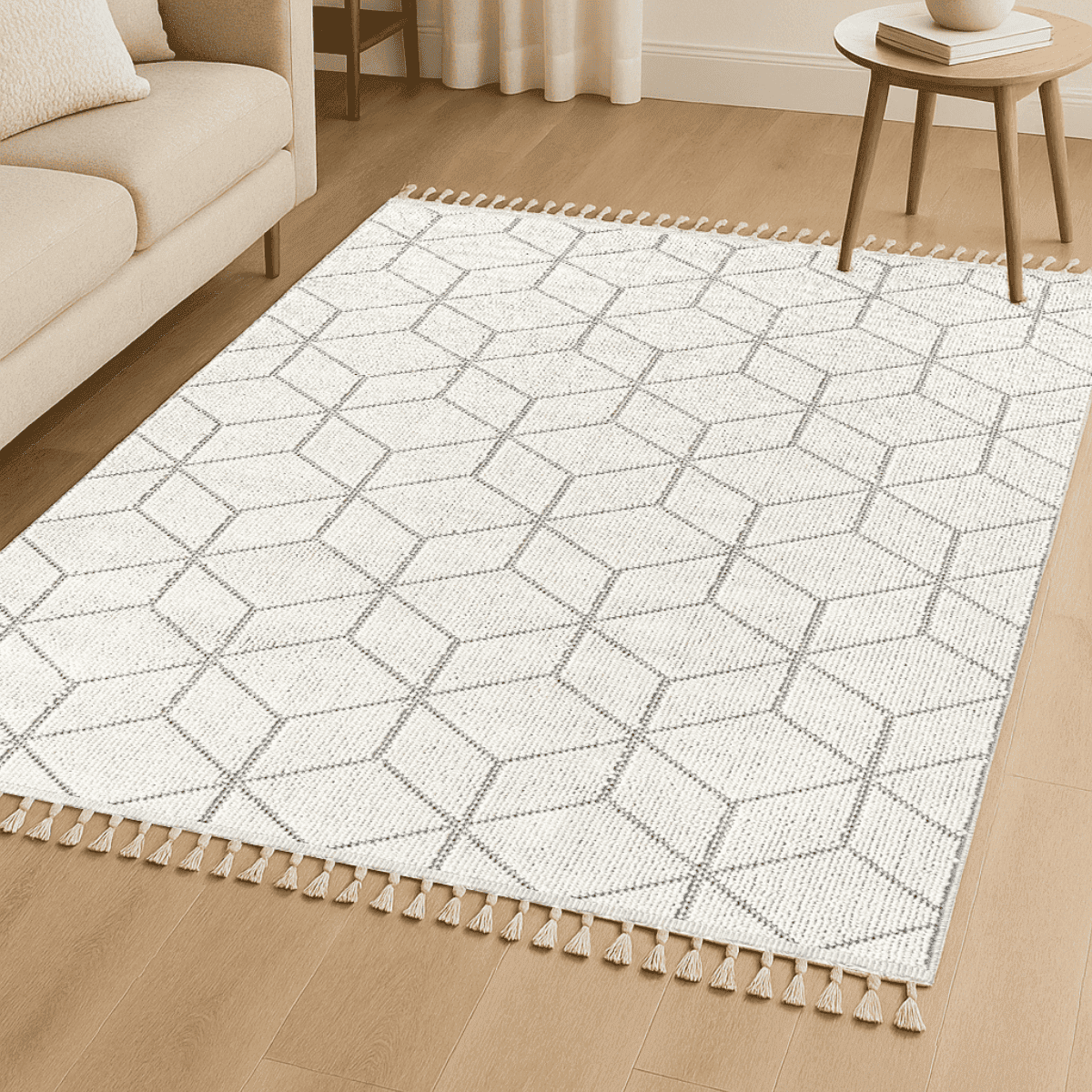 Tapis rectangulaire écru à motifs géométriques noirs - BUKLE - Calicosy