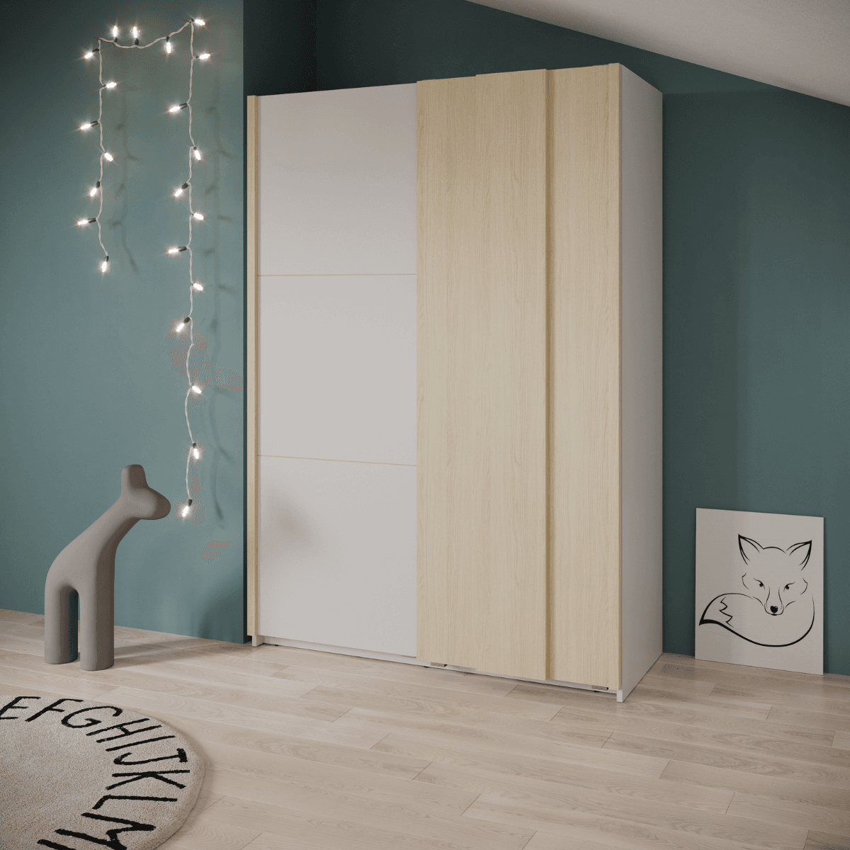 Armoire 2 portes coulissantes dĂ©cor blanc et chĂȘne de fil L140,1 cm - HEVA - Calicosy