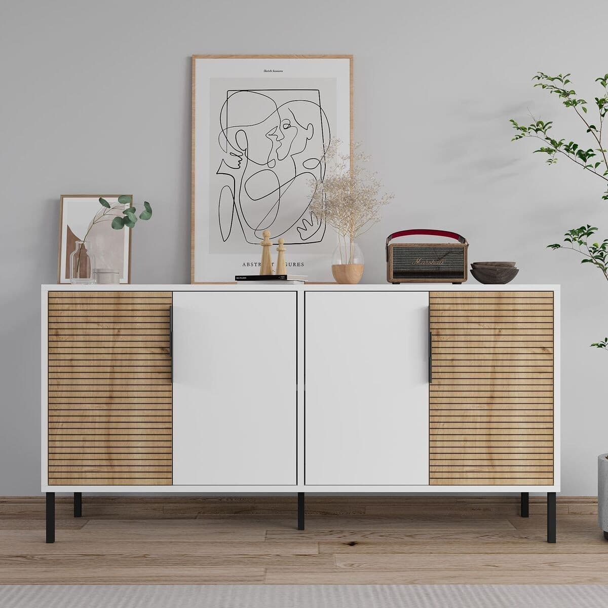 Buffet 4 portes dĂ©cor blanc et chĂȘne saphir ZERRA - Calicosy