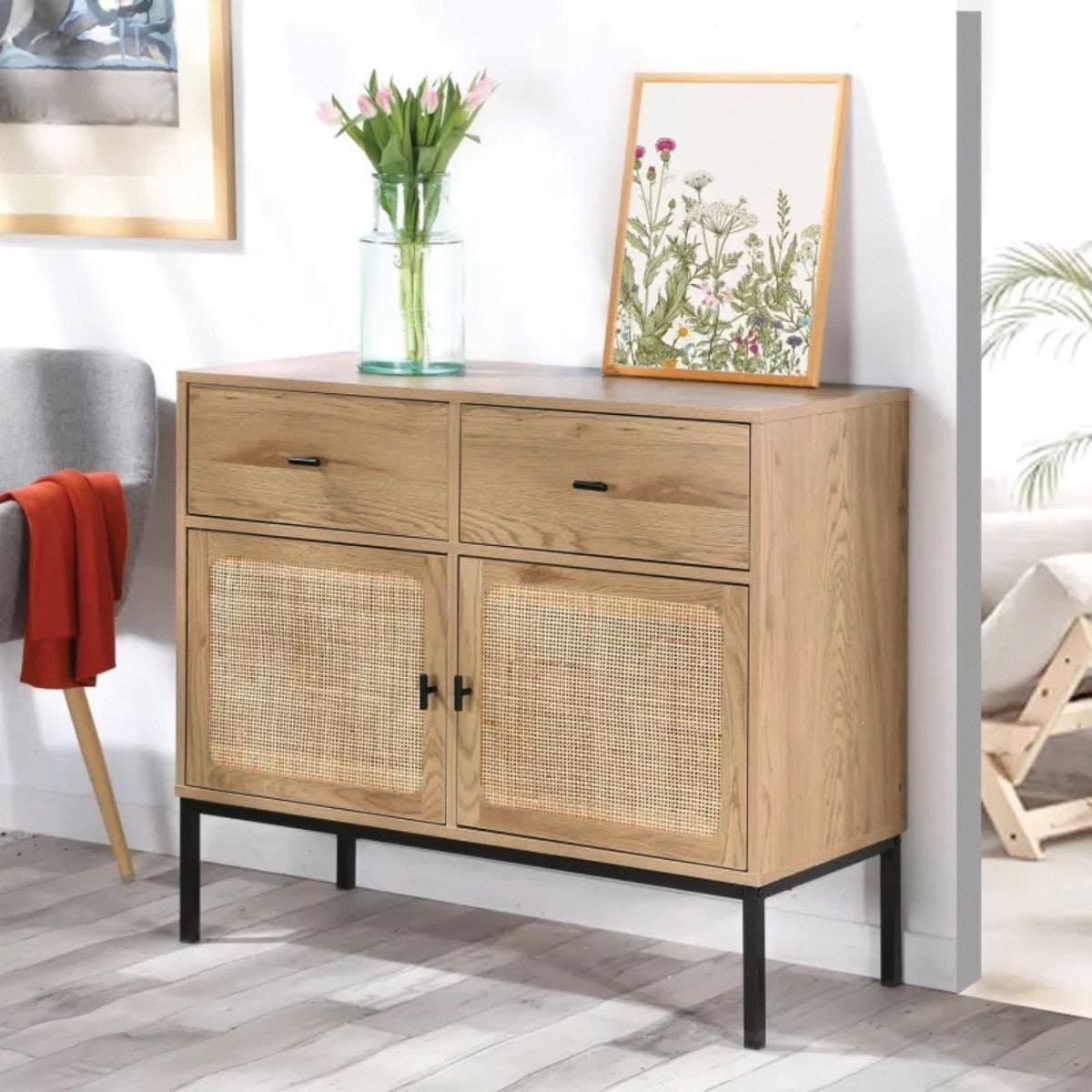 Buffet 2 Portes 2 Tiroirs avec Cannage Rotin L90cm - JAYA - Calicosy