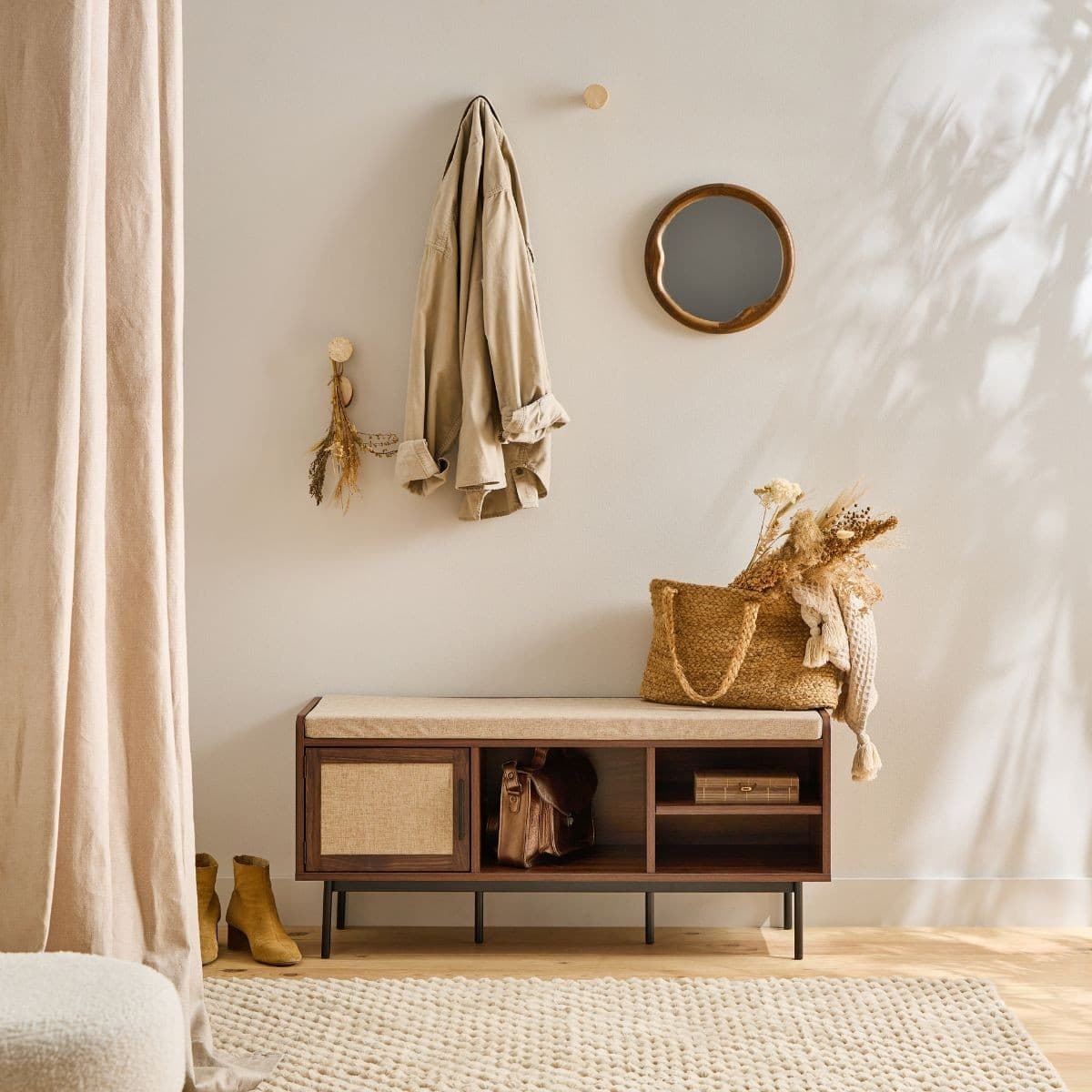 Banc d'entrée décor noyer 1 porte avec façade en tissu JETSON - Calicosy