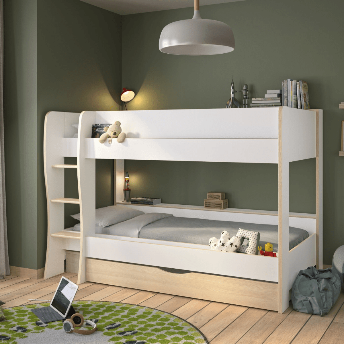 Lits superposĂ©s avec 1 grand tiroir dĂ©cor blanc et chĂȘne - ROOMY - Calicosy