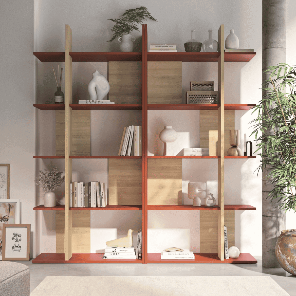 BibliothĂšque ouverte dĂ©cor ocre et chĂȘne - EPURA - Calicosy