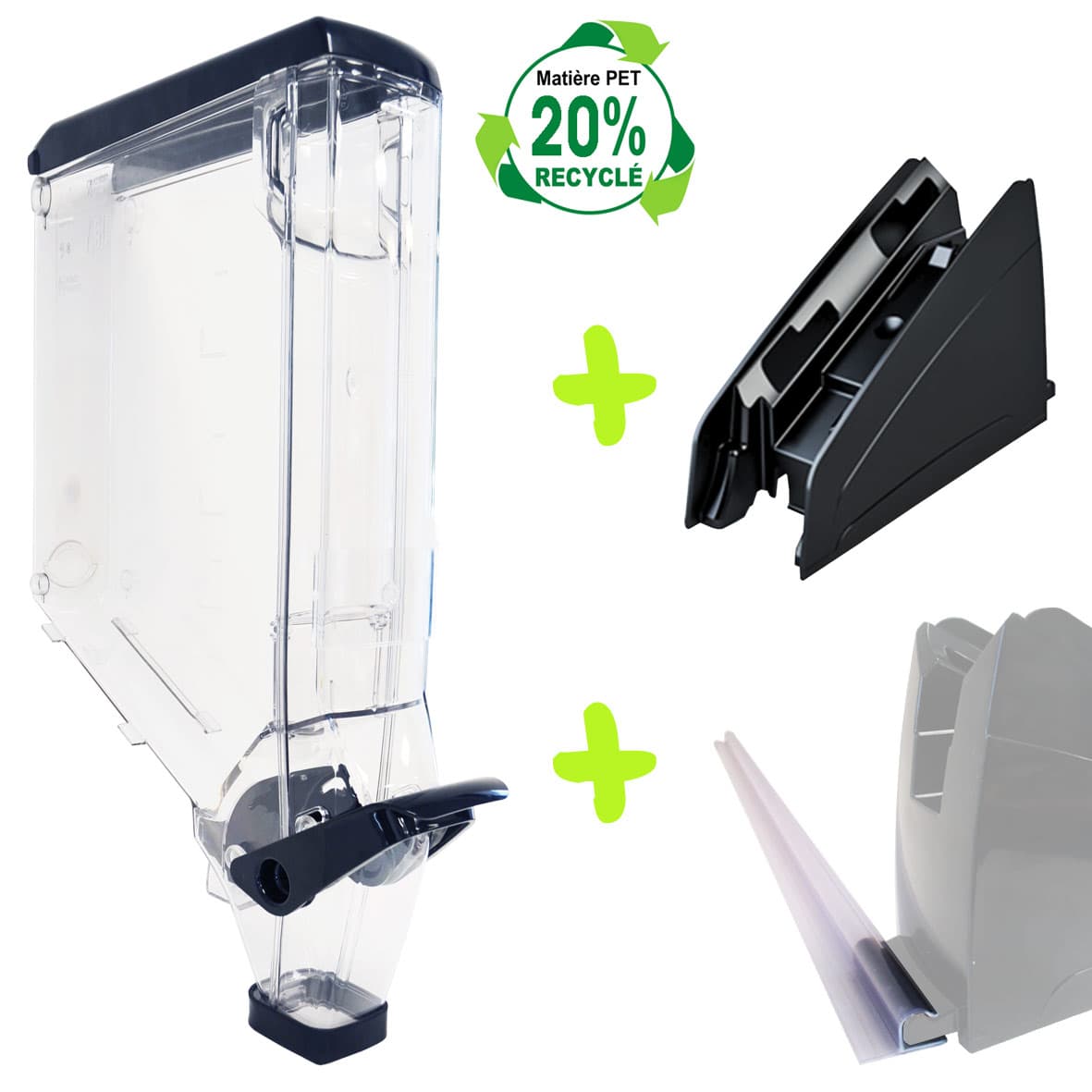 Distributeur poignée étroit 12,5 litres «Choix Durable» en PET dont 20% recyclé + Socle à poser + Rail