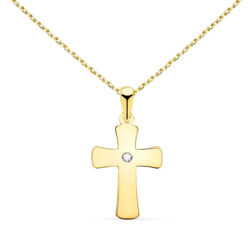 Collier - Médaille Croix Or 18 Carats 750/000 Jaune et Zirconium - Chaine Dorée