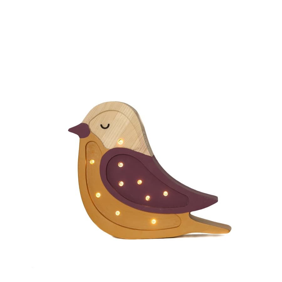 Lampe veilleuse en bois mini oiseau bordeaux moutarde