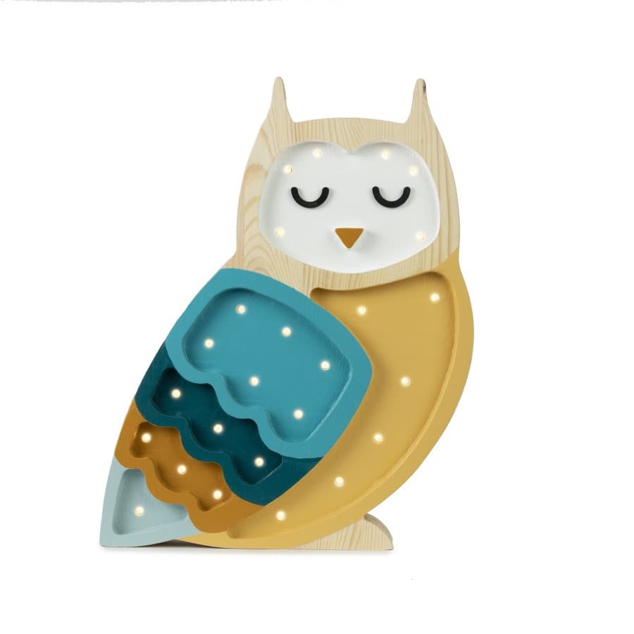 Lampe veilleuse en bois hibou bleu moutarde