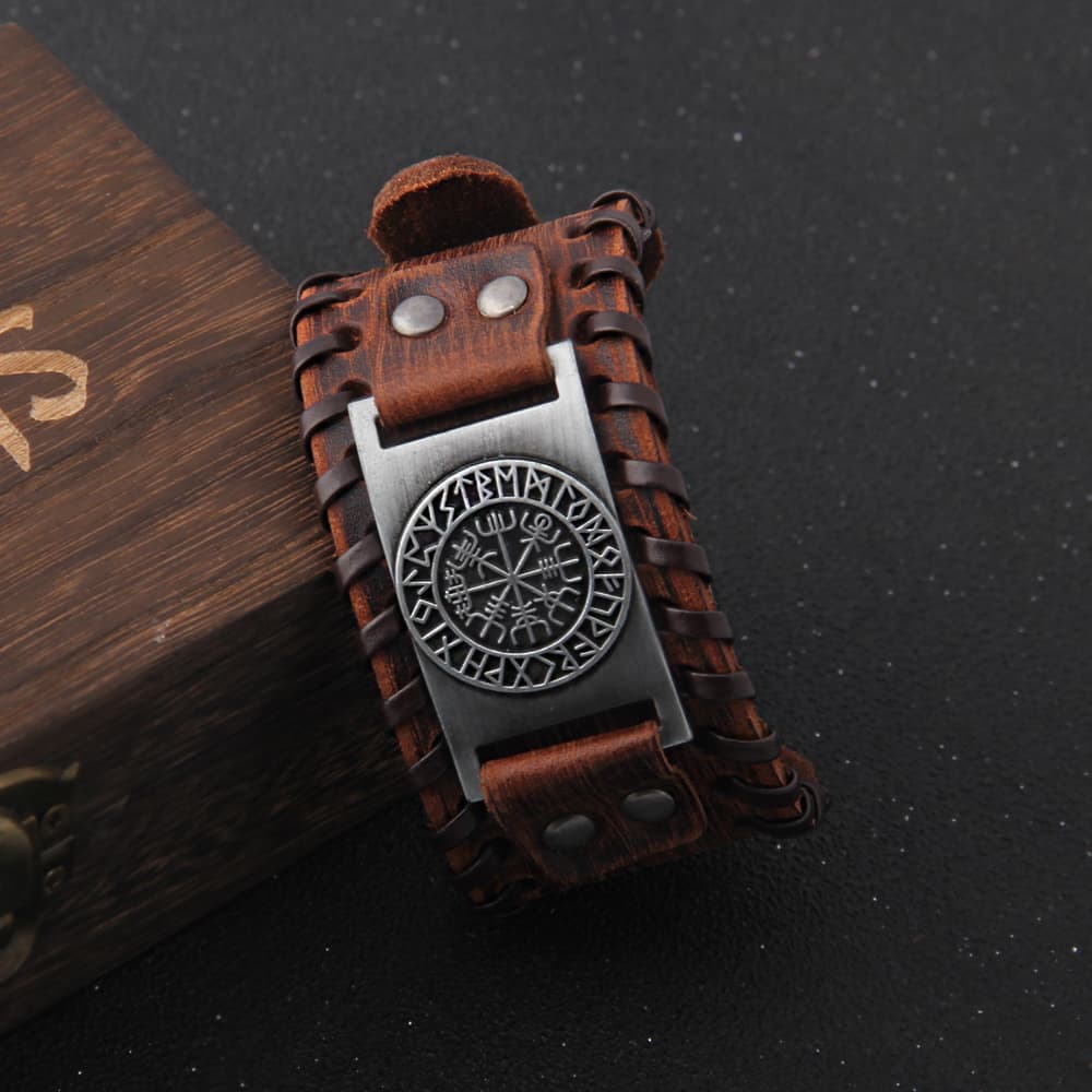 Bracelet Viking Valknut en cuir marron