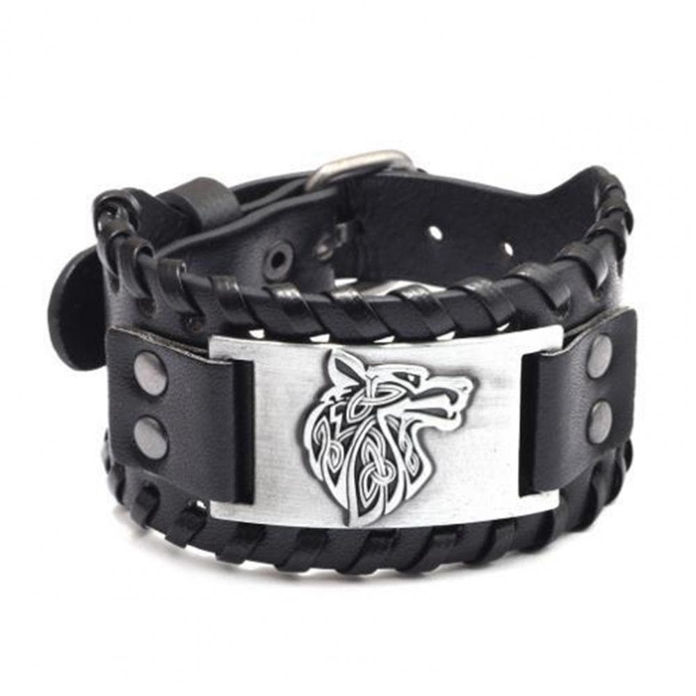 Bracelet viking en cuir loup fenrir argent